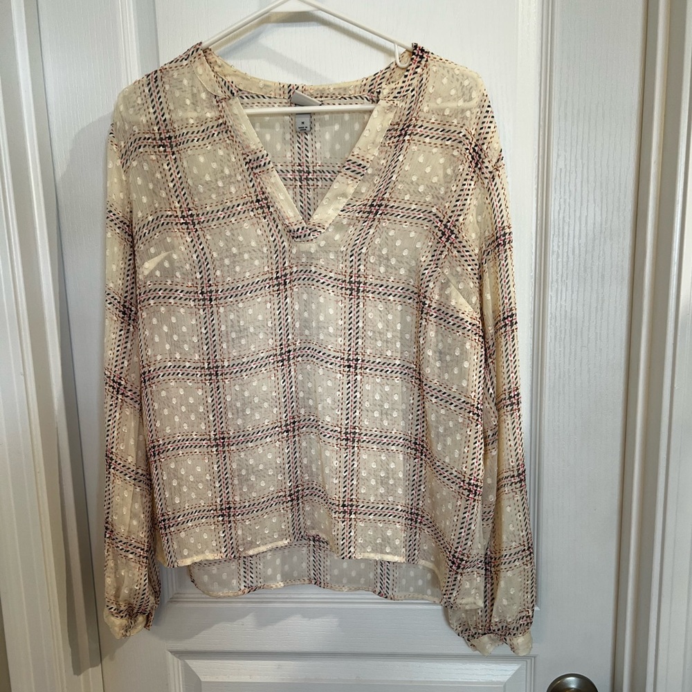 Vneck sheer blouse size medium with gold button at wrist